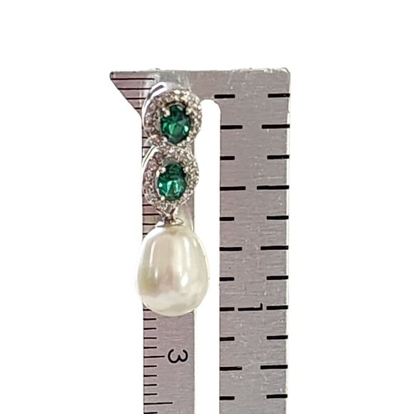 925S Green Gemstones Stud‎ Earrings With Cultured Freshwater Pearl and Zirconia - Picture 3 of 4
